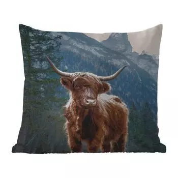 Уличная подушка MuchoWow - Корова - Шотландский горец - Натуральный - 50x50 см - Устойчивость к атмосферным воздействиям - Подушка для отдыха - Чехол на подушку - Хлопчатобумажная ткань - Декоративные наволочки, мультиколор