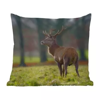 Уличная подушка MuchoWow - Красный олень - Луг - Зеленый - 50x50 см - Устойчивость к атмосферным воздействиям - Подушка для отдыха - Чехол на подушку - Хлопчатобумажная ткань - Декоративные чехлы на подушки, мультиколор