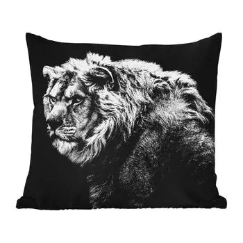 Уличная подушка MuchoWow - Лев - Портрет - Дикие животные - Черный - Белый - 60x60 см - Устойчивость к атмосферным воздействиям - Подушка для отдыха - Чехлы для подушек - Декоративные чехлы для подушек - Декоративные чехлы для подушек, мультикол...