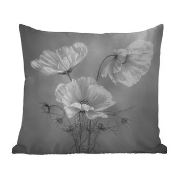 Уличная подушка MuchoWow - Натюрморт - Цветы - Черно-белые - Мак - Ботанический - 45x45 см - Устойчивость к атмосферным воздействиям - Подушка для отдыха - Чехлы для подушек - Декоративные чехлы для подушек - Декоративные чехлы для подушек, муль...