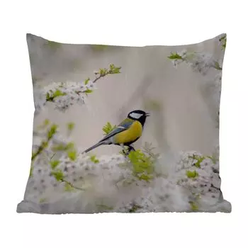 Уличная подушка MuchoWow - Птица - Большая синица - Цветы - Цветущее дерево - 60x60 см - Устойчивость к атмосферным воздействиям - Подушка для отдыха - Чехлы для подушек - Декоративные чехлы для подушек - Декоративные чехлы для подушек, мультико...