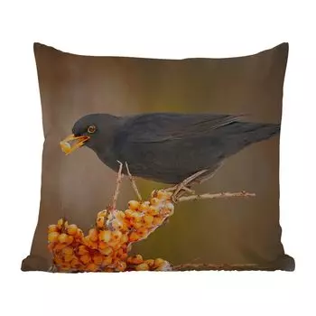 Уличная подушка MuchoWow - Птица - Черный дрозд - Зима - Лед - Ягода - 45x45 см - Устойчивость к атмосферным воздействиям - Подушка для отдыха - Чехлы для подушек - Декоративные чехлы для подушек - Декоративные чехлы для подушек, мультиколор