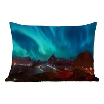 Уличная подушка MuchoWow - Северное сияние - Гора - Дом - 50x30 см - Устойчивость к атмосферным воздействиям - Подушка для отдыха - Чехол на подушку - Хлопчатобумажная ткань - Декоративные наволочки, мультиколор