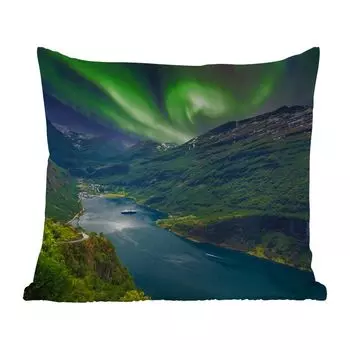 Уличная подушка MuchoWow - Северное сияние - Горы - Лодка - Норвегия - 50x50 см - Устойчивость к атмосферным воздействиям - Подушка для отдыха - Чехол на подушку - Хлопчатобумажная ткань - Декоративные наволочки, мультиколор