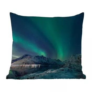 Уличная подушка MuchoWow - Северное сияние - Горы - Снег - Зеленый - Звездное небо - Зима - 50x50 см - Устойчивость к атмосферным воздействиям - Подушка для отдыха - Чехол на подушку - Хлопчатобумажная ткань - Декоративные наволочки, мультиколор