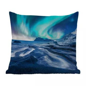 Уличная подушка MuchoWow - Северное сияние - Снег - Горы - Норвегия - 50x50 см - Устойчивость к атмосферным воздействиям - Подушка для отдыха - Чехол на подушку - Хлопчатобумажная ткань - Декоративные наволочки, мультиколор