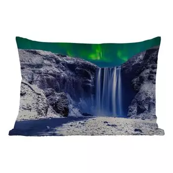 Уличная подушка MuchoWow - Северное сияние - Водопад - Снег - Исландия - 50x30 см - Устойчивость к атмосферным воздействиям - Подушка для отдыха - Чехол на подушку - Хлопчатобумажная ткань - Декоративные наволочки, мультиколор