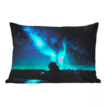 Уличная подушка MuchoWow - Северное сияние - Звездное небо - Ночь - Олень - 50x30 см - Устойчивость к атмосферным воздействиям - Подушка для отдыха - Чехол на подушку - Хлопчатобумажная ткань - Декоративные наволочки, мультиколор