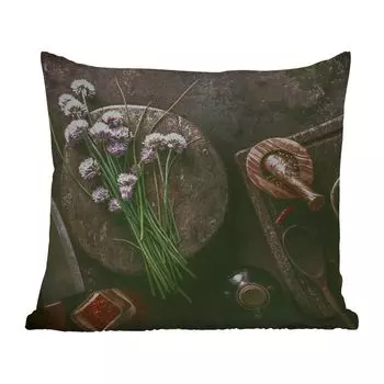 Уличная подушка MuchoWow - Шнитт-лук - Кухня - Раствор - Деревенский стиль - Травы - Фиолетовый - 50x50 см - Устойчивость к атмосферным воздействиям - Подушка для отдыха - Чехол на подушку - Хлопчатобумажная ткань - Декоративные наволочки, мульт...