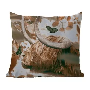 Уличная подушка MuchoWow - Шотландский горец - Бабочка - Листья - 50x50 см - Устойчивость к атмосферным воздействиям - Подушка для отдыха - Чехол на подушку - Хлопчатобумажная ткань - Декоративные наволочки, мультиколор