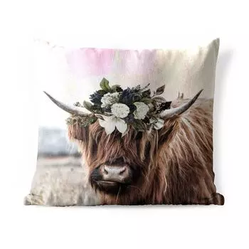 Уличная подушка MuchoWow - Шотландский горец - Листья - 45x45 см - Устойчивость к атмосферным воздействиям - Подушка для отдыха - Чехлы для подушек - Декоративные чехлы для подушек - Декоративные чехлы для подушек, мультиколор