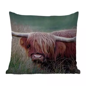 Уличная подушка MuchoWow - Шотландский горец - Рога - Трава - 40x40 см - Устойчивость к атмосферным воздействиям - Подушка для отдыха - Чехол на подушку - Хлопчатобумажная ткань - Декоративные наволочки, мультиколор