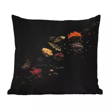 Уличная подушка MuchoWow - Травы - Черный - Специи - Кухня - Кулинария - 40x40 см - Устойчивость к атмосферным воздействиям - Подушка для отдыха - Чехол на подушку - Хлопчатобумажная ткань - Декоративные наволочки, мультиколор