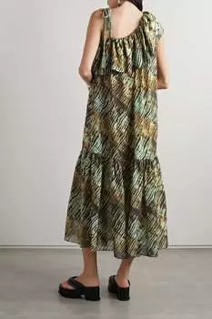 ULLA JOHNSON Платье миди асимметричного кроя Daniela из смесового хлопка и вуали с принтом, зеленый