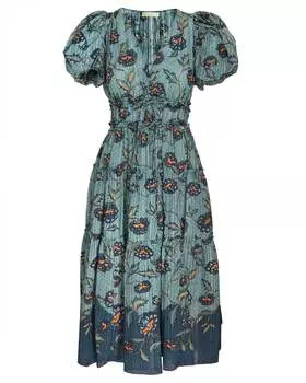 Ulla Johnson Женское платье-миди с короткими рукавами-фонариками Eloisa цвета василька, мультиколор