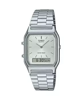 Унисекс Аналоговые цифровые часы Casio из нержавеющей стали серебристого цвета, 29,8 мм, AQ230A-7AVT G-Shock, серебро