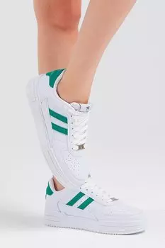 Унисекс, белые, зеленые, полосатые по бокам удобные кроссовки на шнуровке TONNY BLACK