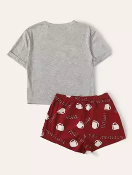 Unity, Манжеты на манжетах, графический слоган, рубашки и полноцветный принт, шорты, пижамный Комплект Shein, мультиколор