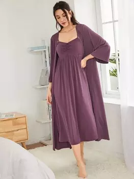 Unity, Однотонный длинный халат и плиссированная ночная рубашка с искусственными пуговицами, пижамный Комплект Shein, фиолетовый