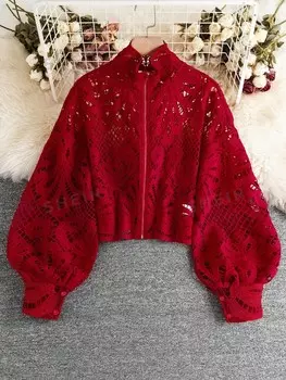 Unity Женская кружевная рубашка свободного кроя с длинными рукавами. весна и лето Shein, красный