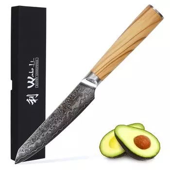 Универсальный нож Wakoli Oribu Damascus | Лезвие длиной 11,5 см изготовлено из 67 слоев дамасской стали и рукоятки из оливкового дерева