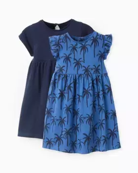 Упаковка из 2 платьев для девочек 100% однотонный хлопок с принтом Zippy, синий