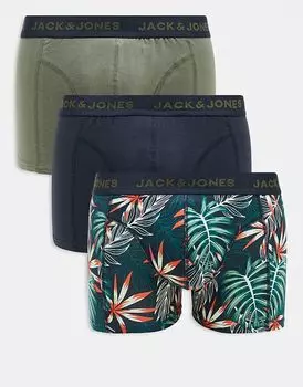Упаковка из 3 трусов-транков с принтом пальм и темно-синим цветом Jack & Jones