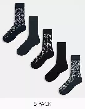 Упаковка из 5 пар носков Jack & Jones темно-синего и серого цветов с узором пейсли