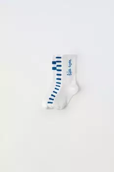 Упаковка из трех пар длинных полосатых носков с лозунгами ZARA, белый/темно-синий