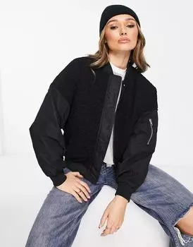 Urban Classics – бомбер оверсайз черного цвета из смеси флисовых материалов шерпа