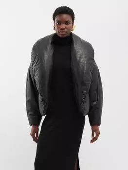 Утепленная кожаная куртка-бомбер с вышитым логотипом Saint Laurent, черный