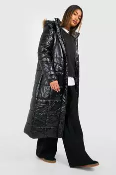 Утепленная куртка maxi cire с отделкой искусственного меха Boohoo, черный