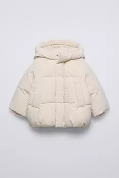 Утепленная куртка с капюшоном ZARA, экрю