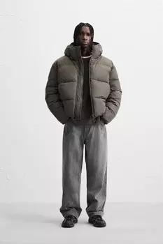 Утепленная куртка с капюшоном ZARA, коричневый