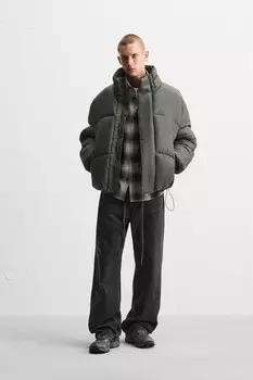 Утепленная куртка свободного кроя ZARA, серо-зеленый