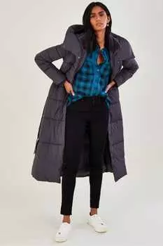 Утепленное длинное пальто Серое глянцевое с капюшоном Monsoon, серый