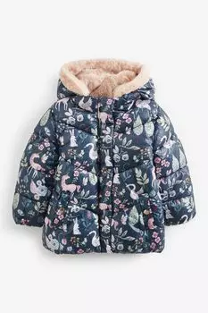 Утепленное пальто с капюшоном на меху и принтом Next