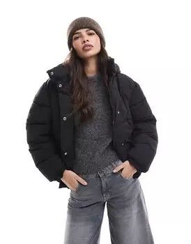 Утепленное пальто с капюшоном на шнурке черного цвета Pimkie