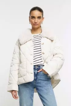 Утепленное пальто с воротником из искусственного меха River Island, бежевый