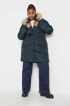 Утепленное стеганое пальто миди Yours Curve, синий