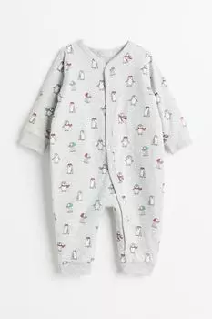 Утепленный пижамный комбинезон H&amp;M, светло-серый меланж/пингвины
