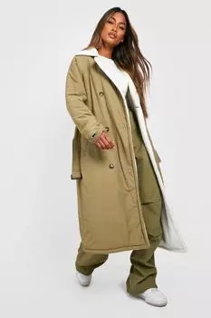Утепленный тренч на подкладке Borg boohoo, хаки