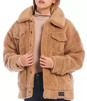 Уютная куртка UGG Frankie Oversized Sherpa Trucker с острым воротником и длинными рукавами, коричневый