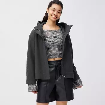 Уютное короткое пальто с капюшоном Melton GU, серый