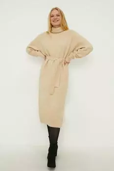 Уютное платье миди с высоким воротником и поясом Oasis, белый