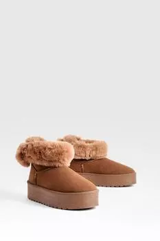 Уютные мини-сапоги на платформе с меховой отделкой boohoo, коричневый