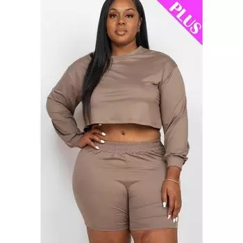 Уютный комплект из укороченного топа и шорт большого размера FASHNZFAB, серо-коричневый