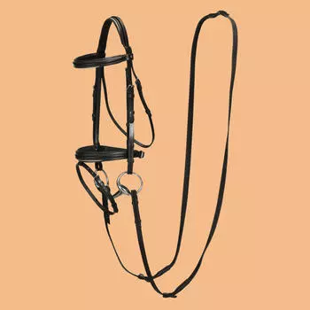 Уздечка и поводья для лошади и пони трензельного типа кожаные черные EDIMBURGH 500 Fouganza