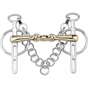 Уздечка Sprenger KK Ultra Liverpool двухшарнирная боковые панели Sensogan 18мм, золото - серебро