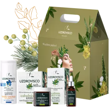 Uzdrovisco CBD набор: увлажняющий и восстанавливающий крем для лица на весь день, 50 мл + увлажняющая и восстанавливающая сыворотка для лица, 30 мл + тоник-эссенция без хлопка для красивого цвета лица, 150 мл